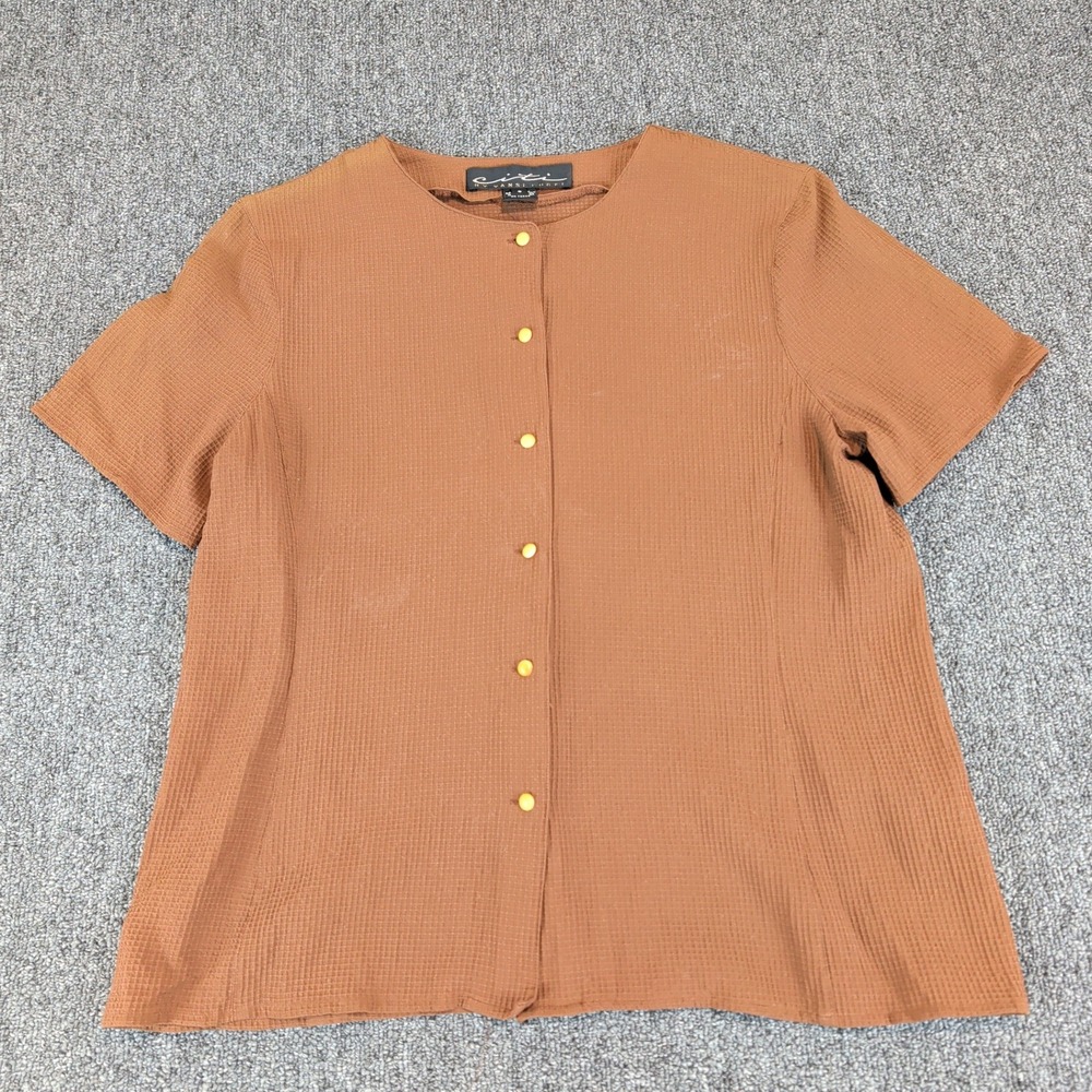 Citi by Yansi Fugel Womens Silk Blouse 8 Brown Waffle Weave Button Front Vintage